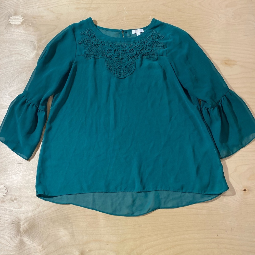 C Teal Blouse with Lace Accent Large (OA) - Picture 3 of 8